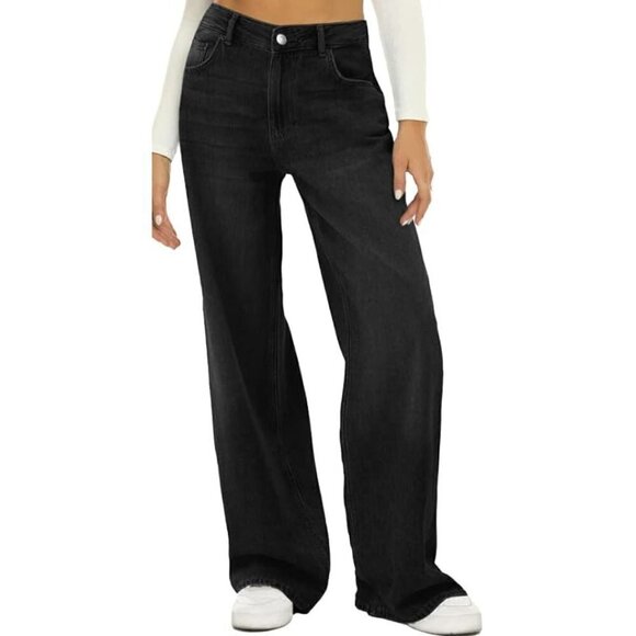 HDLTE Women Wide Denim High Waist Baggy Boyfriend Jeans Black Y2K‎ City SzXS NWT - Picture 1 of 9